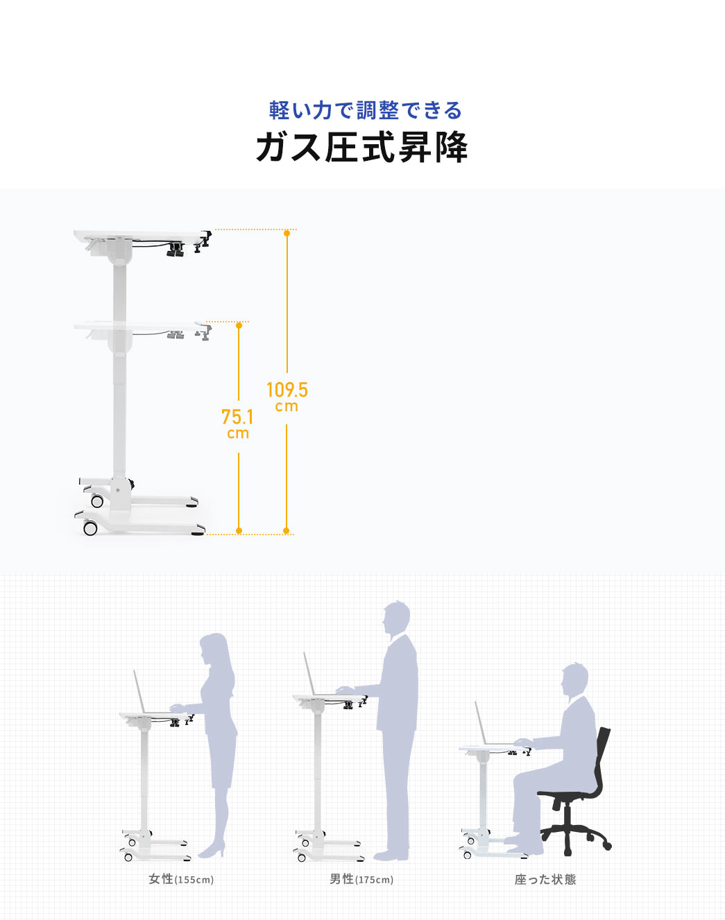 軽い力で調整できるガス圧式昇降