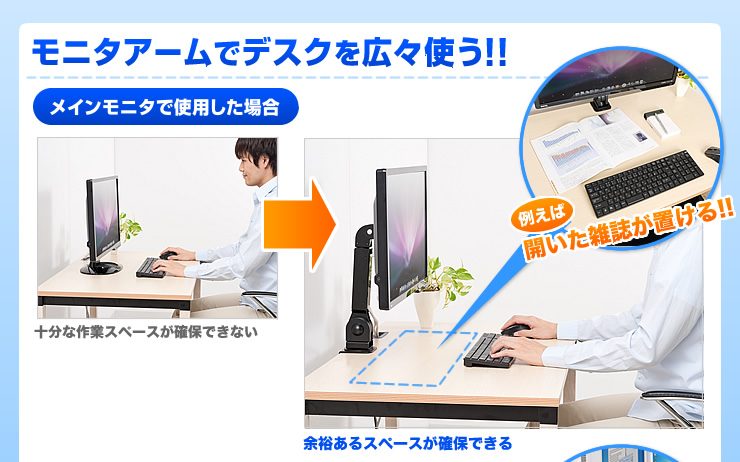 モニターアームでデスクを広々使う メインモニタで使用した場合