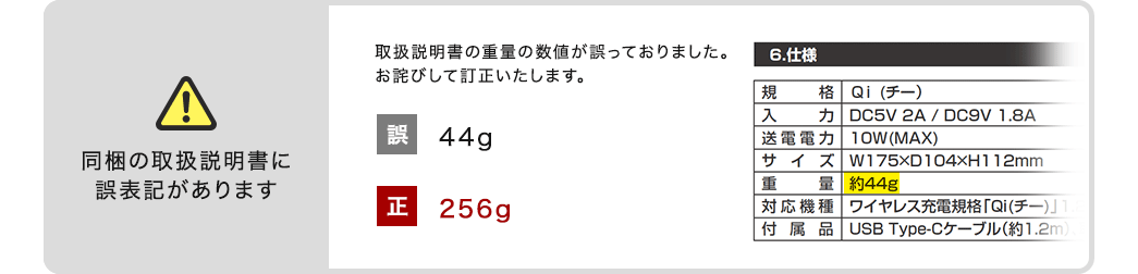 同梱の取扱説明書に誤表記があります