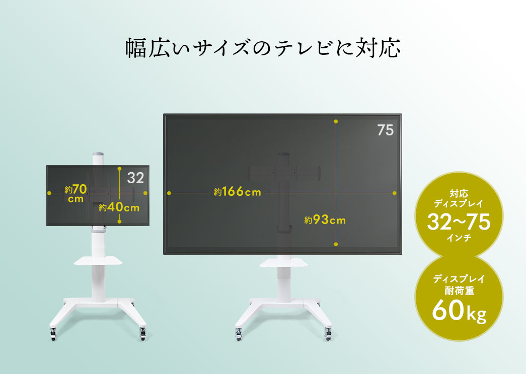 幅広いサイズのテレビに対応　対応ディスプレイ32～75インチ　ディスプレイ耐荷重60kg