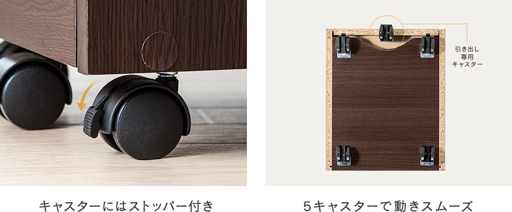 キャスターにはストッパー付き 5キャスターで動きスムーズ