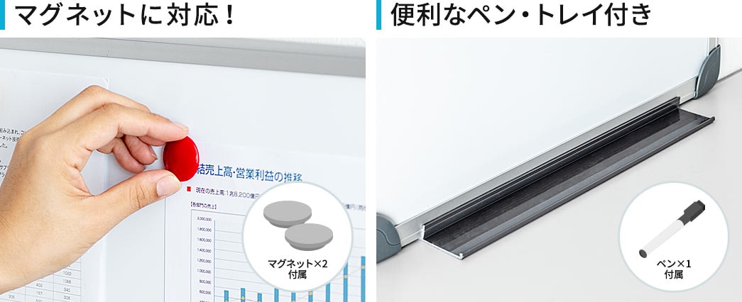 マグネットに対応 便利なペン・トレイ付き