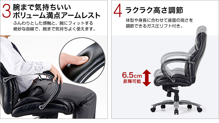 (3)腕まで気持ちいいボリューム満点アームレスト (4)ラクラク高さ調節