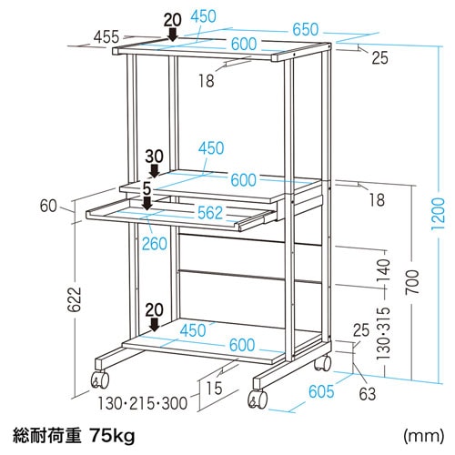 パソコンラック(W650×D605×H1200mm・キーボードスライダー付き) YK