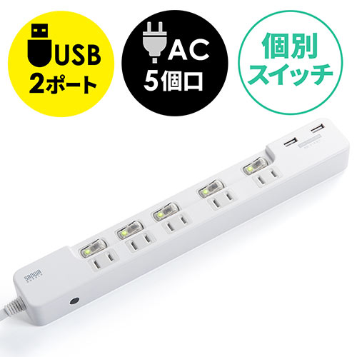 【5/13 16:00迄限定価格】電源タップ(USB充電ポート付・最大3.1Aまで・1500W・2m・5個口・個別スイッチ付)