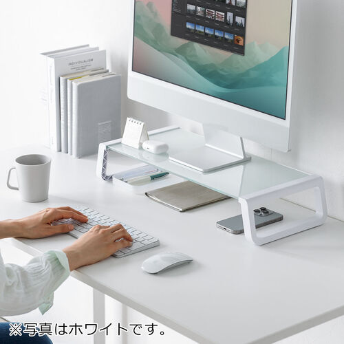 【東京/引取限定】モニター＋モニター台セット（4台） モニター台 机上台 幅54cm 引き出し 木製 ホワイト 100-MR166AT