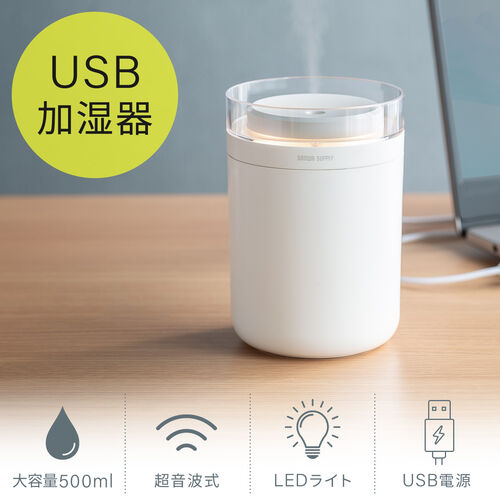 加湿器 卓上 超音波式 大容量 500ml 10時間連続運転 USB給電 Type-C 静音 小型 加湿量30ml～70ml/h LEDライト オフィス デスク 車載 寝室 ホワイト